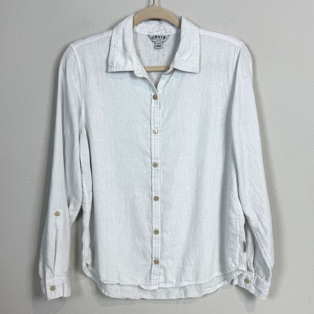 Orvis White Linen Blend Button Down Shirt S
